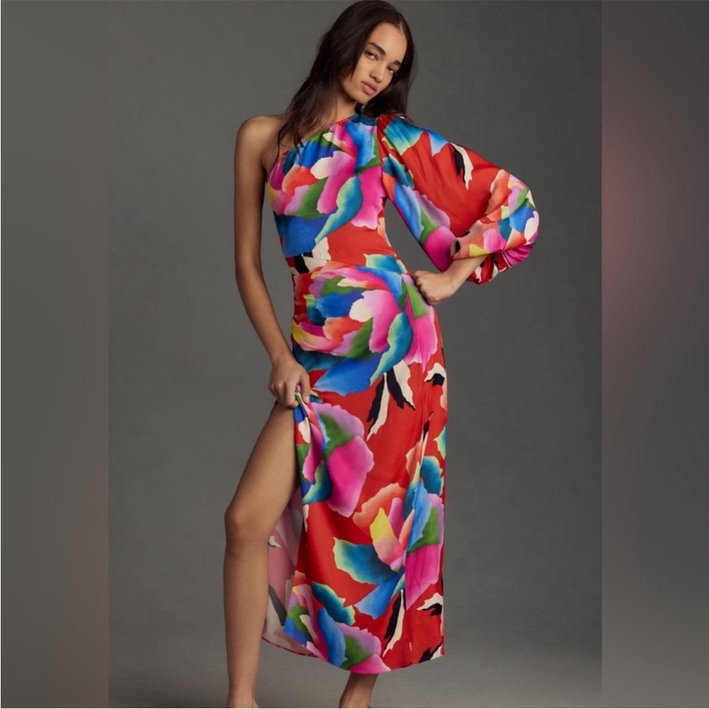 Farm Rio One-Shoulder Slim Floral Midi Dress